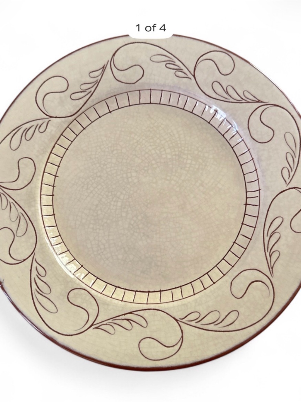 Pottery Barn Cream salad Plate with Brown cabrerra Scroll Motif Set of 4
